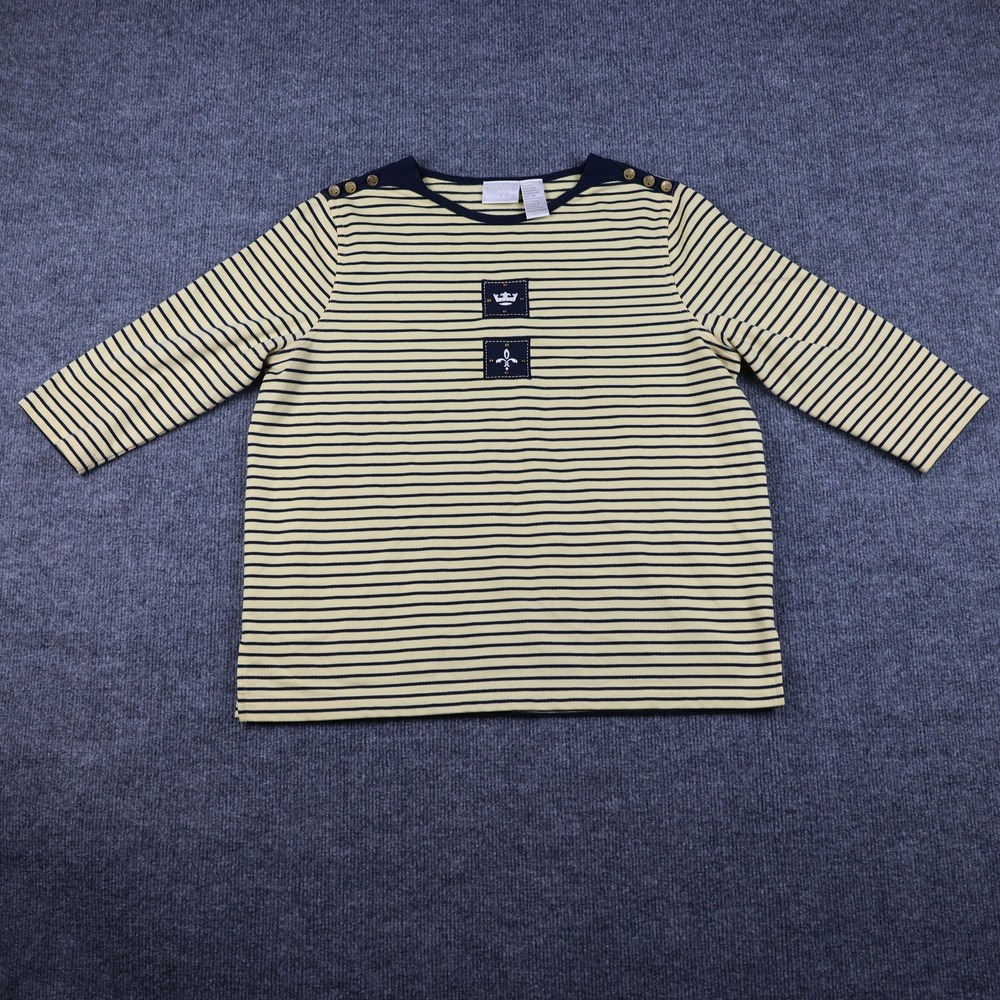 Koret K-Wear Shirt Womens Medium Petite Navy Stripe Nautical 3/4 Sleeve Buttons